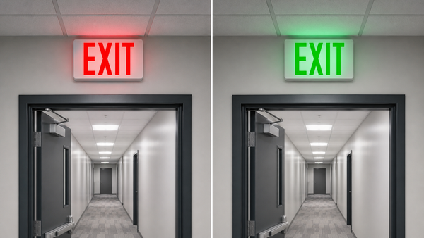 Red and green exit signs compared in a commercial hallway