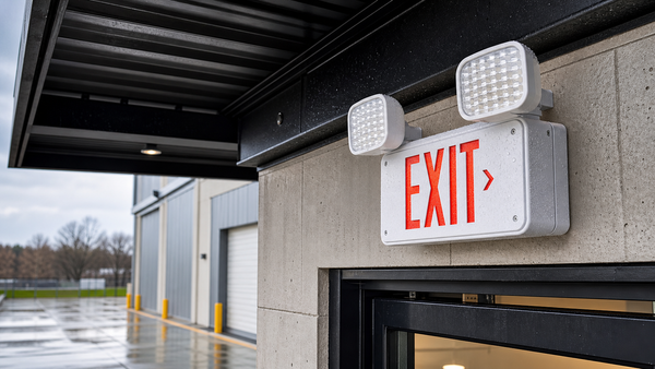 Weather-resistant emergency lighting fixture in a covered exterior area