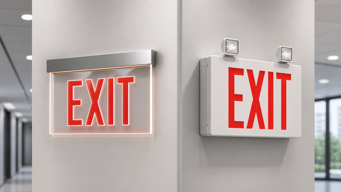 Edge-lit and standard exit signs shown side by side