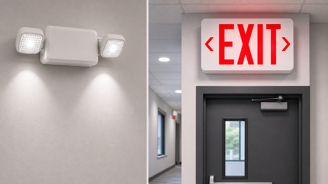 Emergency light and exit sign shown side by side in a commercial corridor