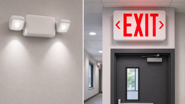 Emergency light and exit sign shown side by side in a commercial corridor