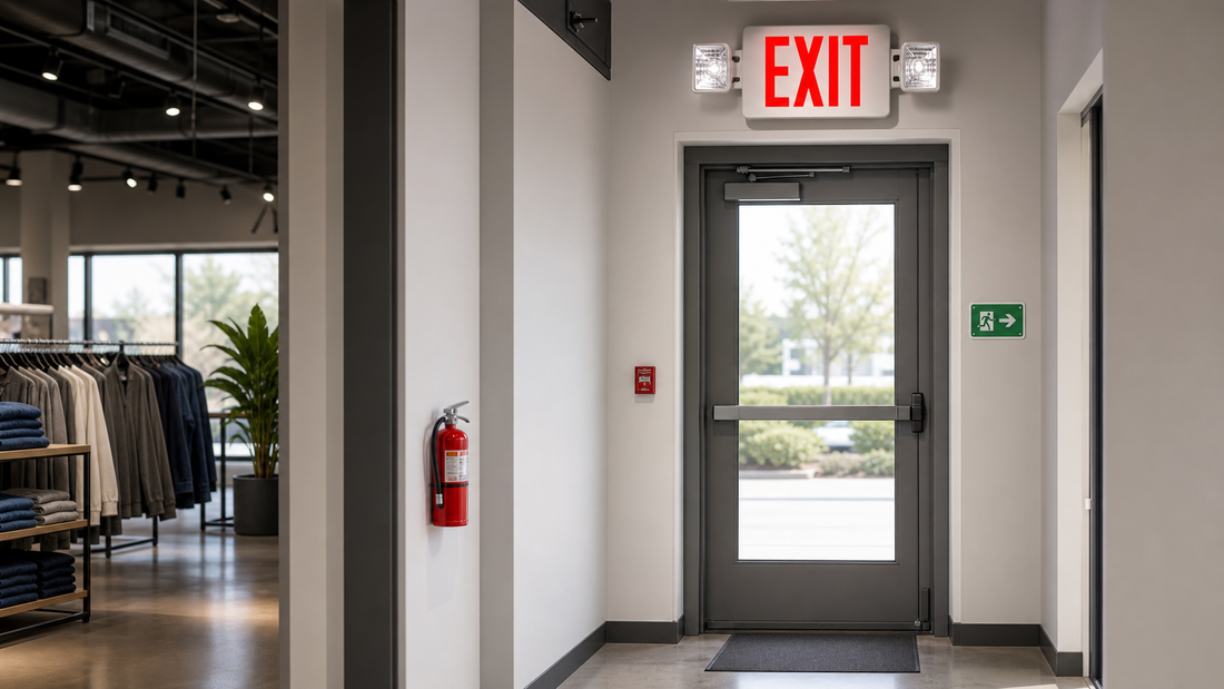 Illuminated exit sign above a doorway in a business hallway