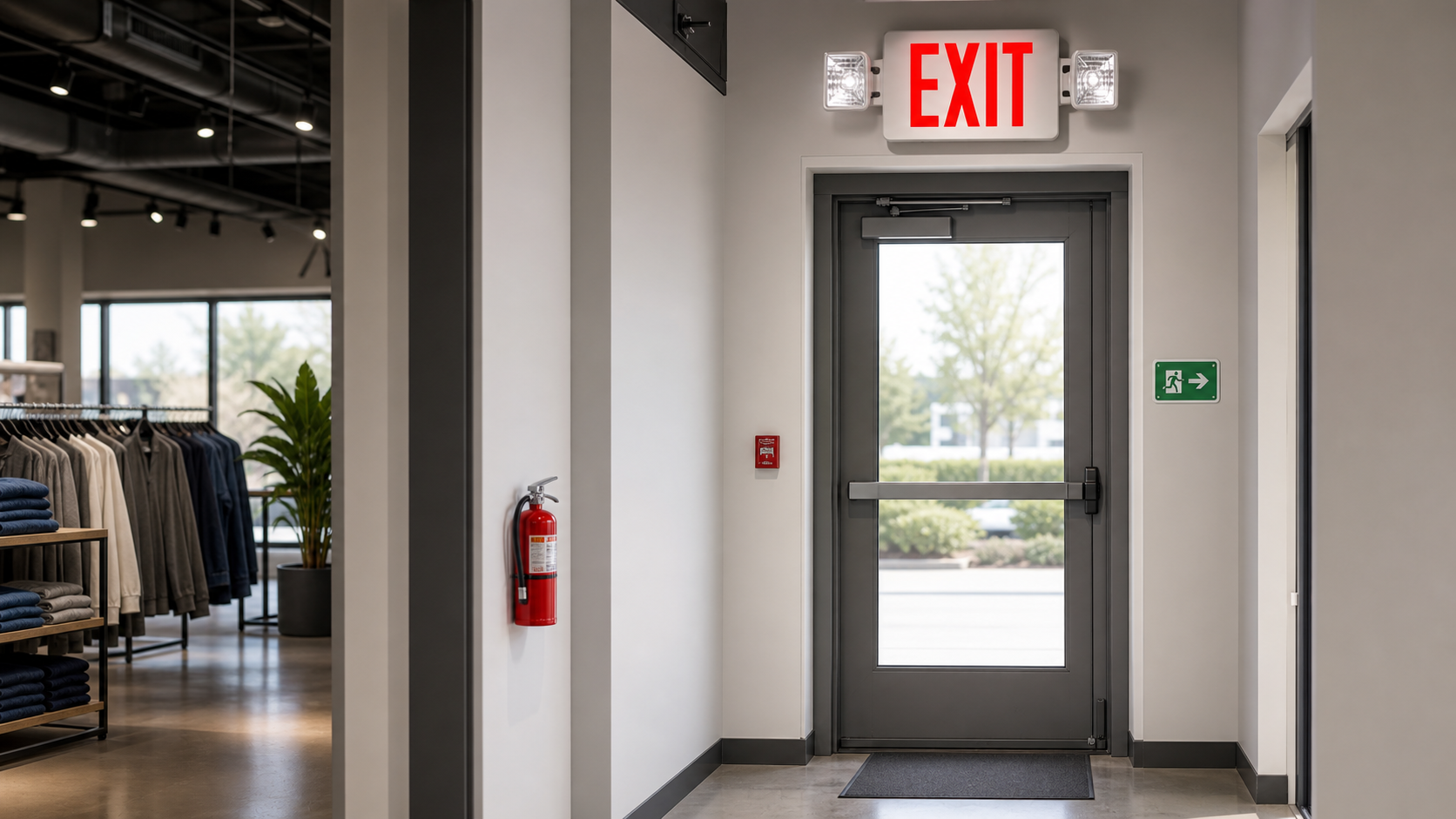 Illuminated exit sign above a doorway in a business hallway