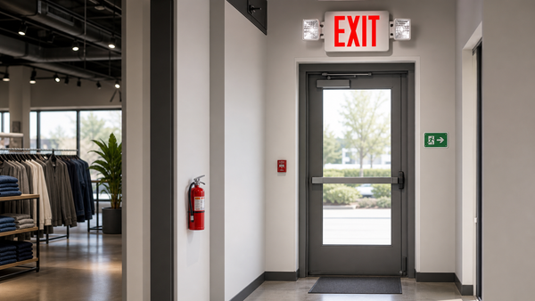 Illuminated exit sign above a doorway in a business hallway