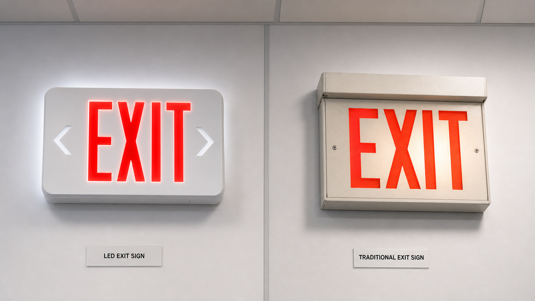 Modern LED exit sign compared with a traditional exit sign