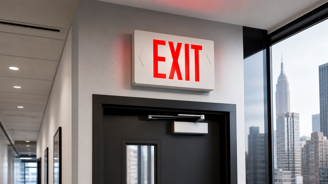 NYC approved exit sign mounted above a commercial doorway
