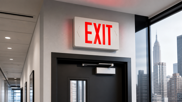 NYC approved exit sign mounted above a commercial doorway