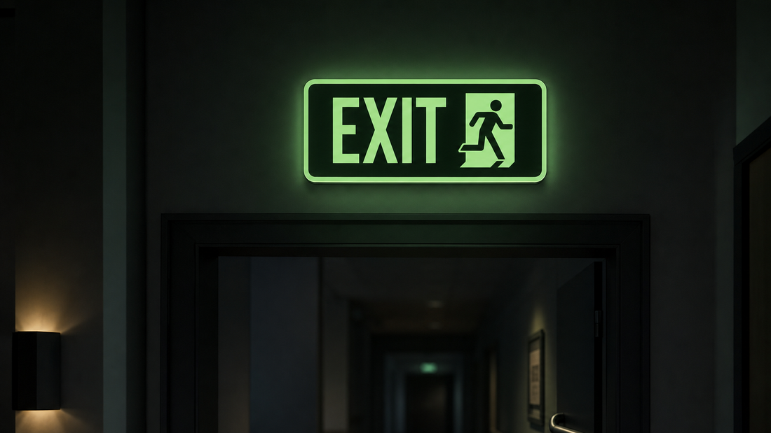 Photoluminescent exit sign glowing in a commercial corridor