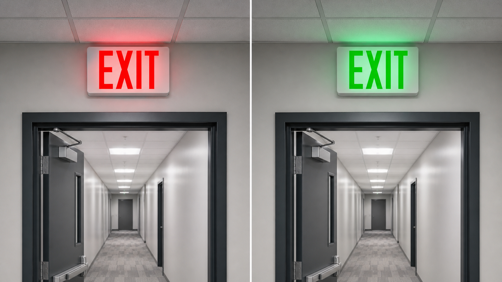 Red and green exit signs compared in a commercial hallway
