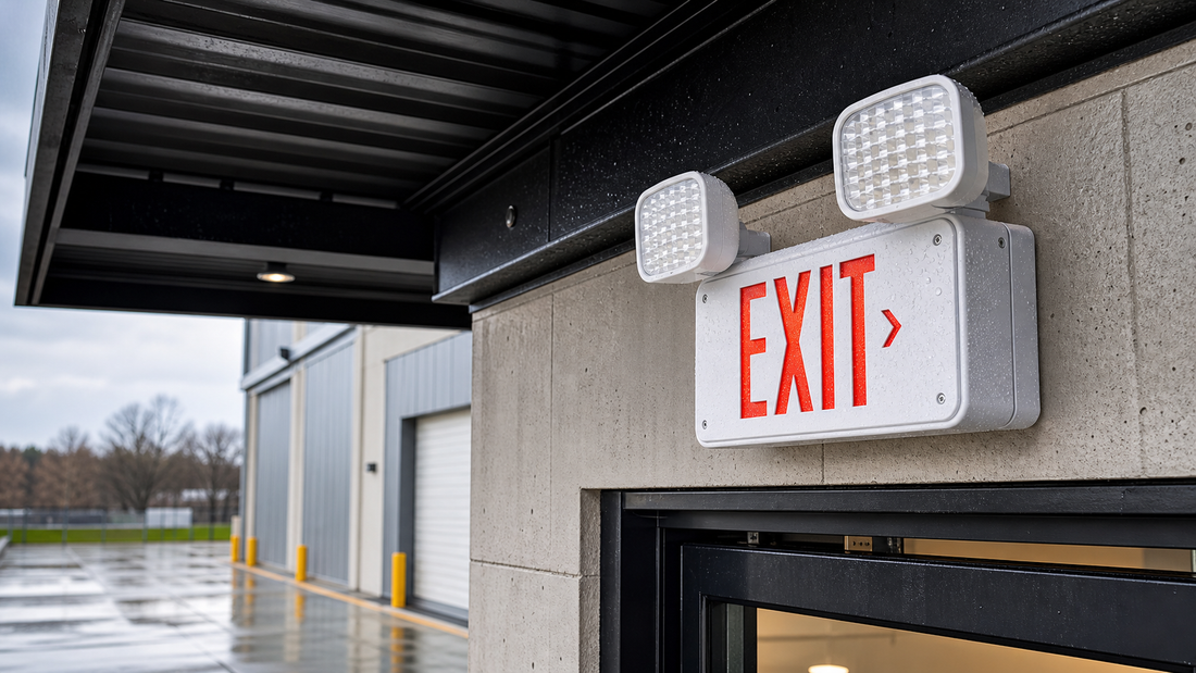 Weather-resistant emergency lighting fixture in a covered exterior area