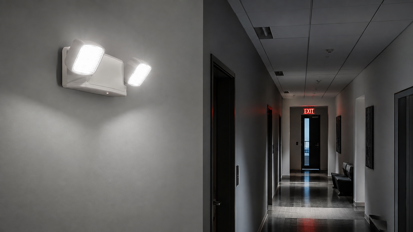Commercial corridor illuminated by a two-head emergency light and red exit sign during a power outage