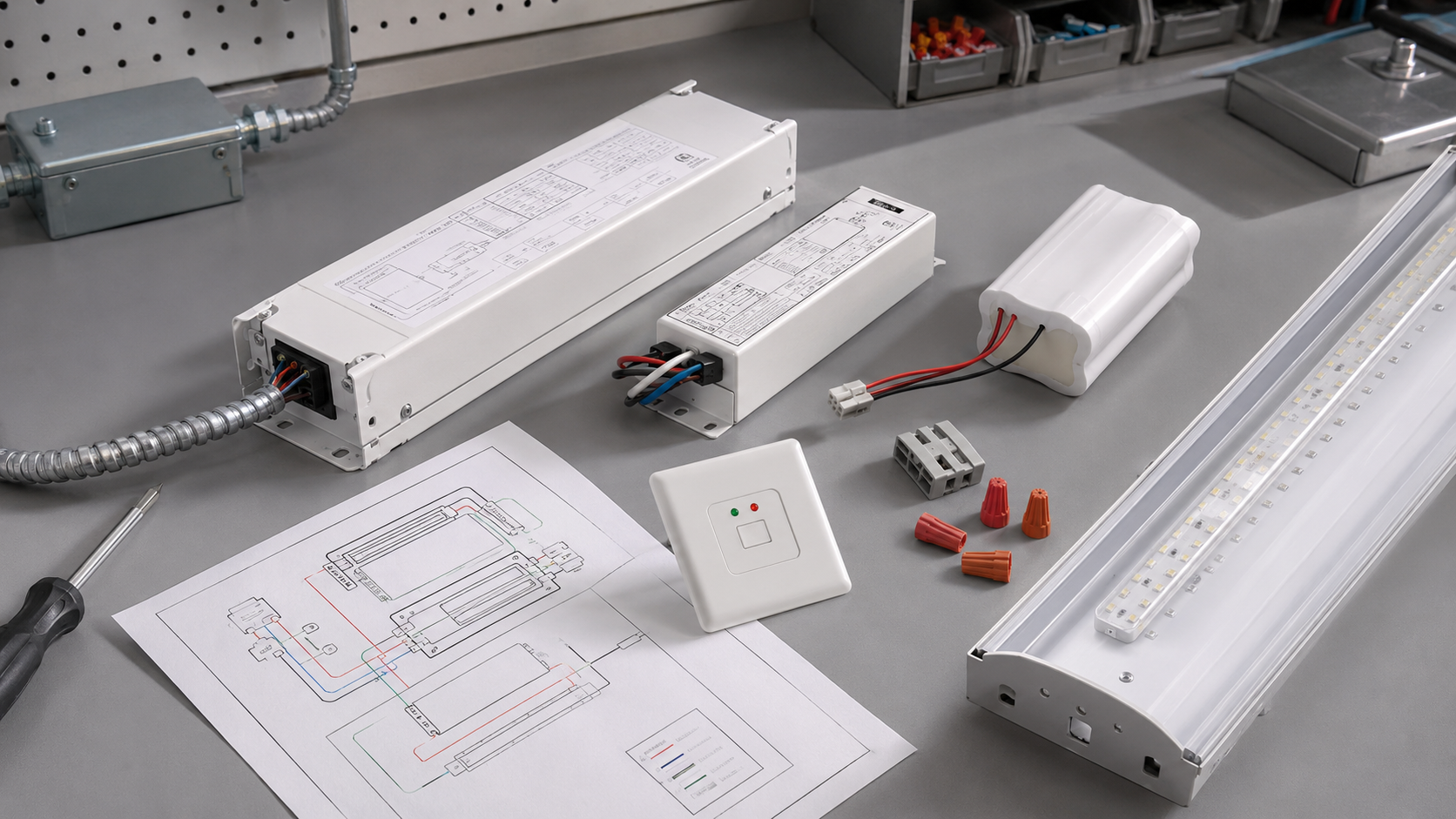 Emergency fluorescent ballast, LED emergency driver, battery pack, test switch and wiring diagram on a workbench