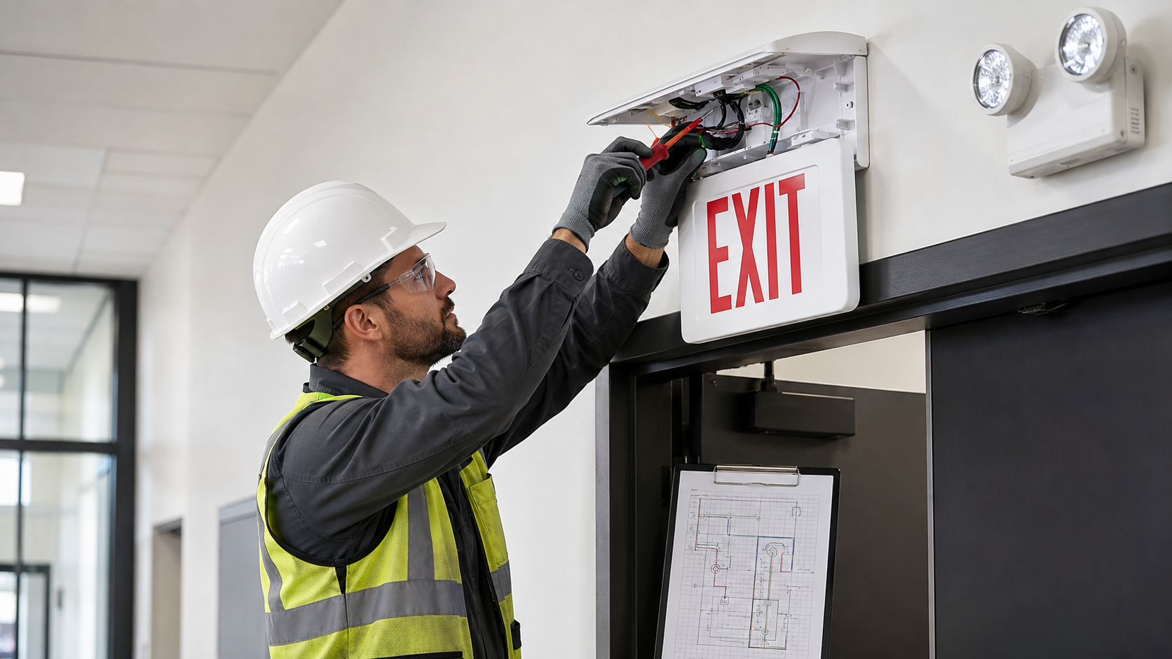 Electrician installing an LED exit sign above a commercial doorway