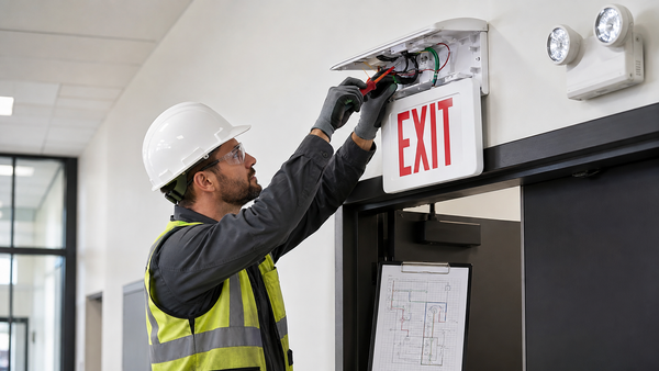 Electrician installing an LED exit sign above a commercial doorway