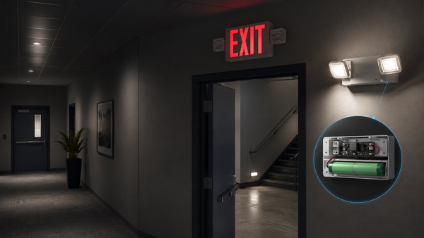 Emergency exit sign and battery-backed emergency light illuminating a commercial egress corridor