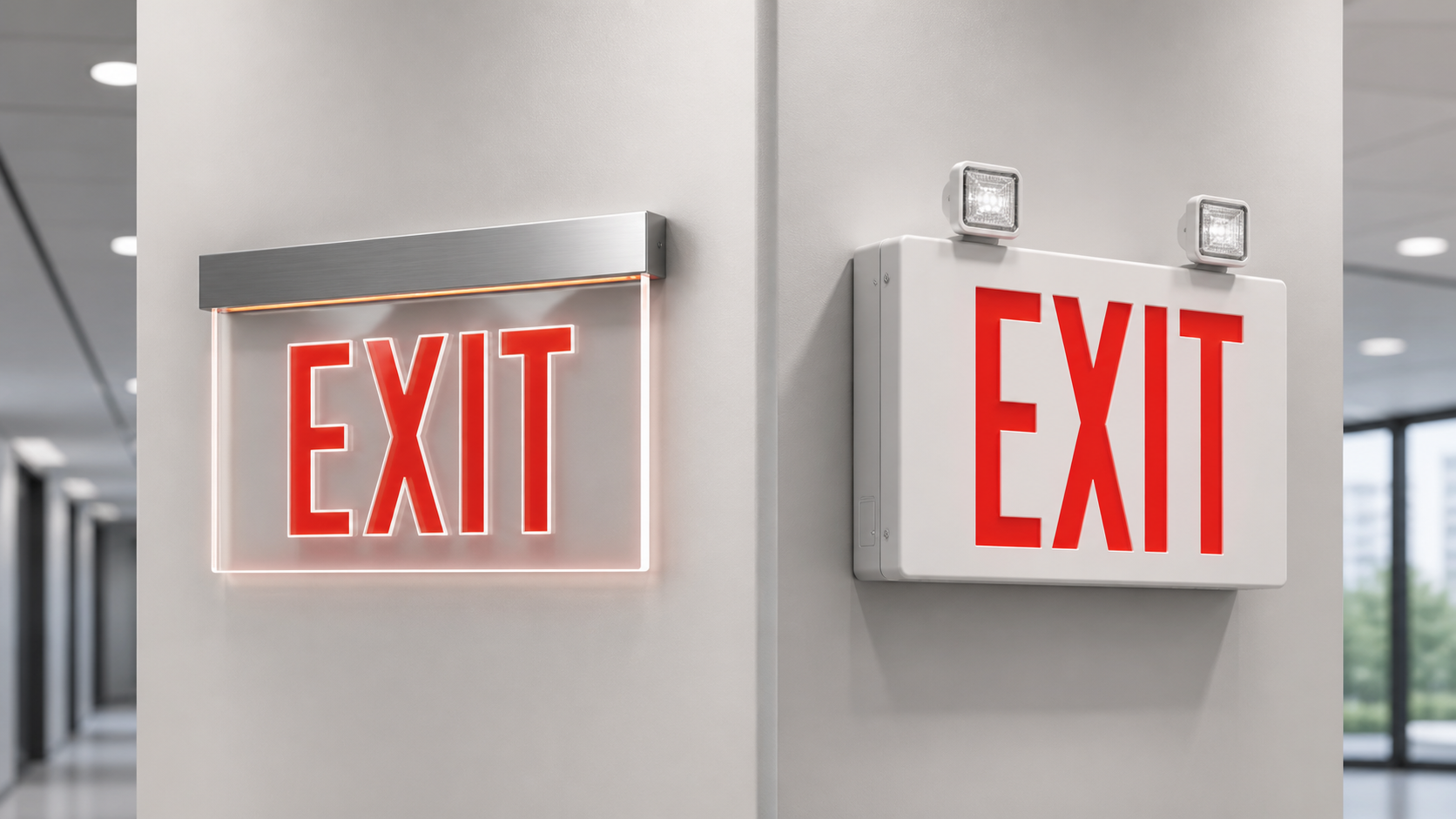 Edge-lit and standard exit signs shown side by side
