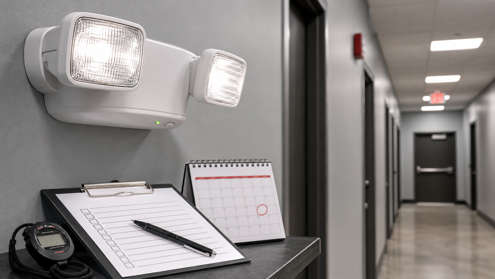 Emergency light testing setup with a wall-mounted emergency light