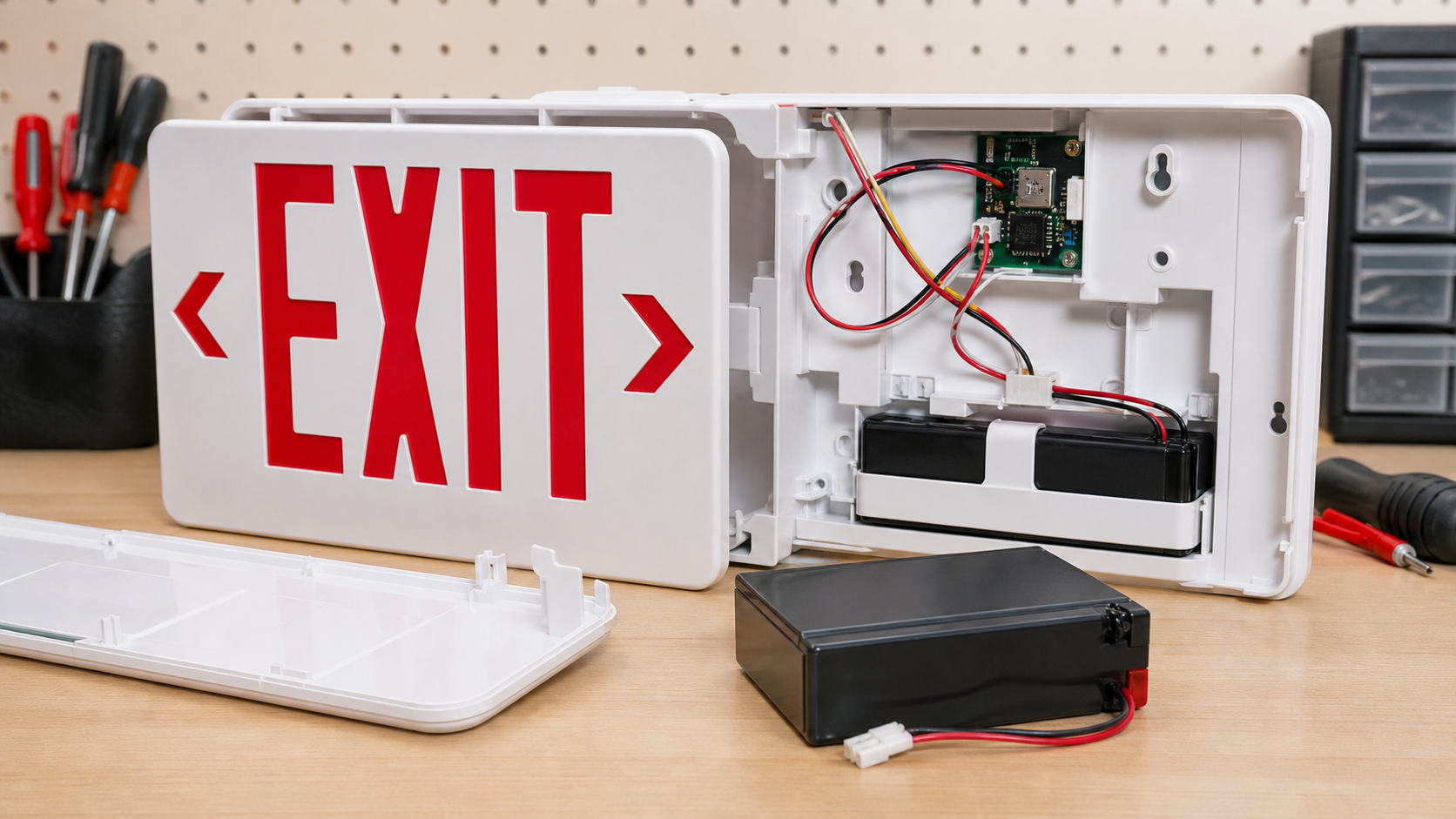 Exit sign opened for battery backup maintenance