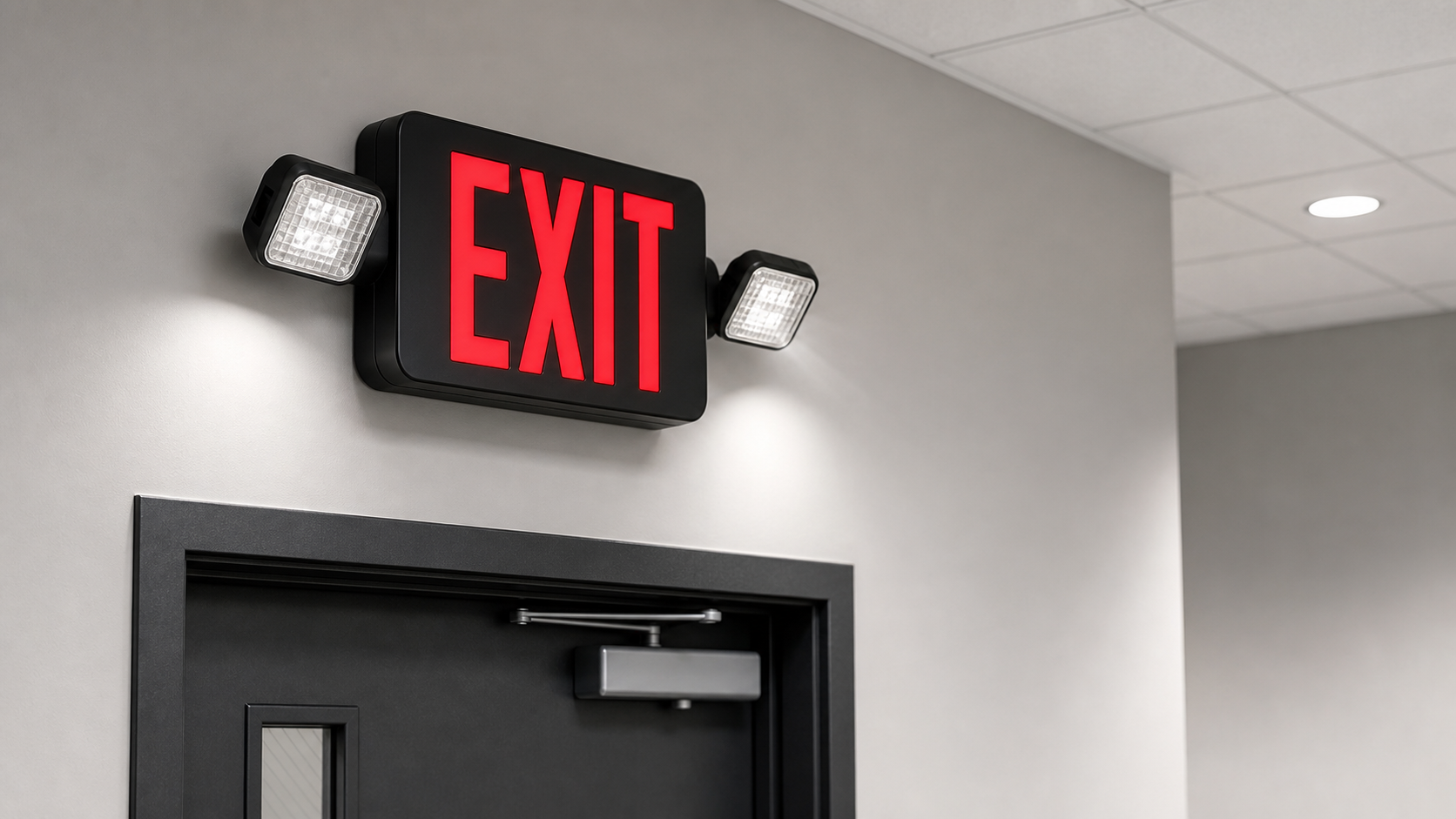 Exit sign with emergency light heads above a commercial doorway