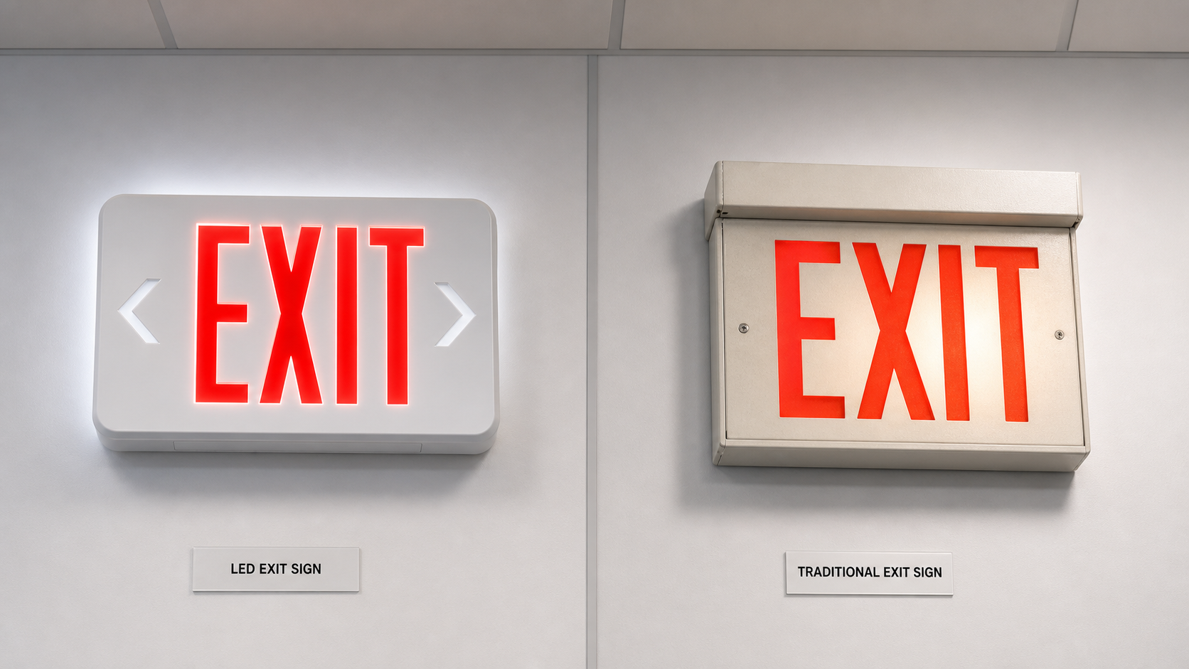 Modern LED exit sign compared with a traditional exit sign